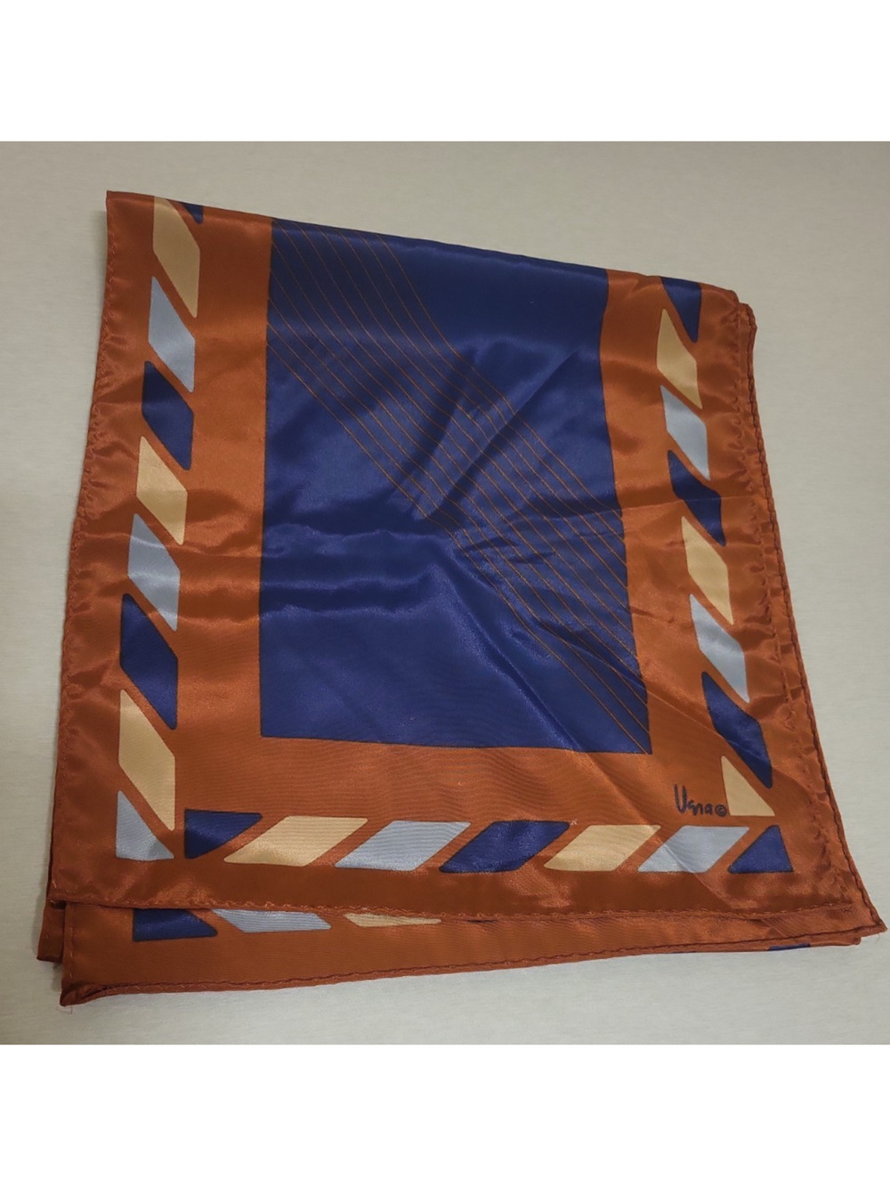 VTG Vera Neumann Silk Scarf Geometric Abstract Blue Orange Rust 11 x 52" long